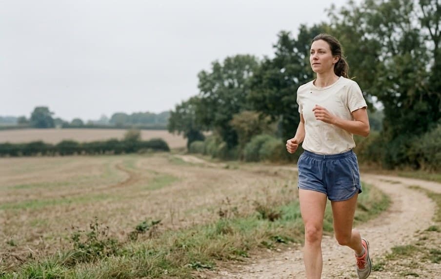 A woman on an easy morning run along an open country path.